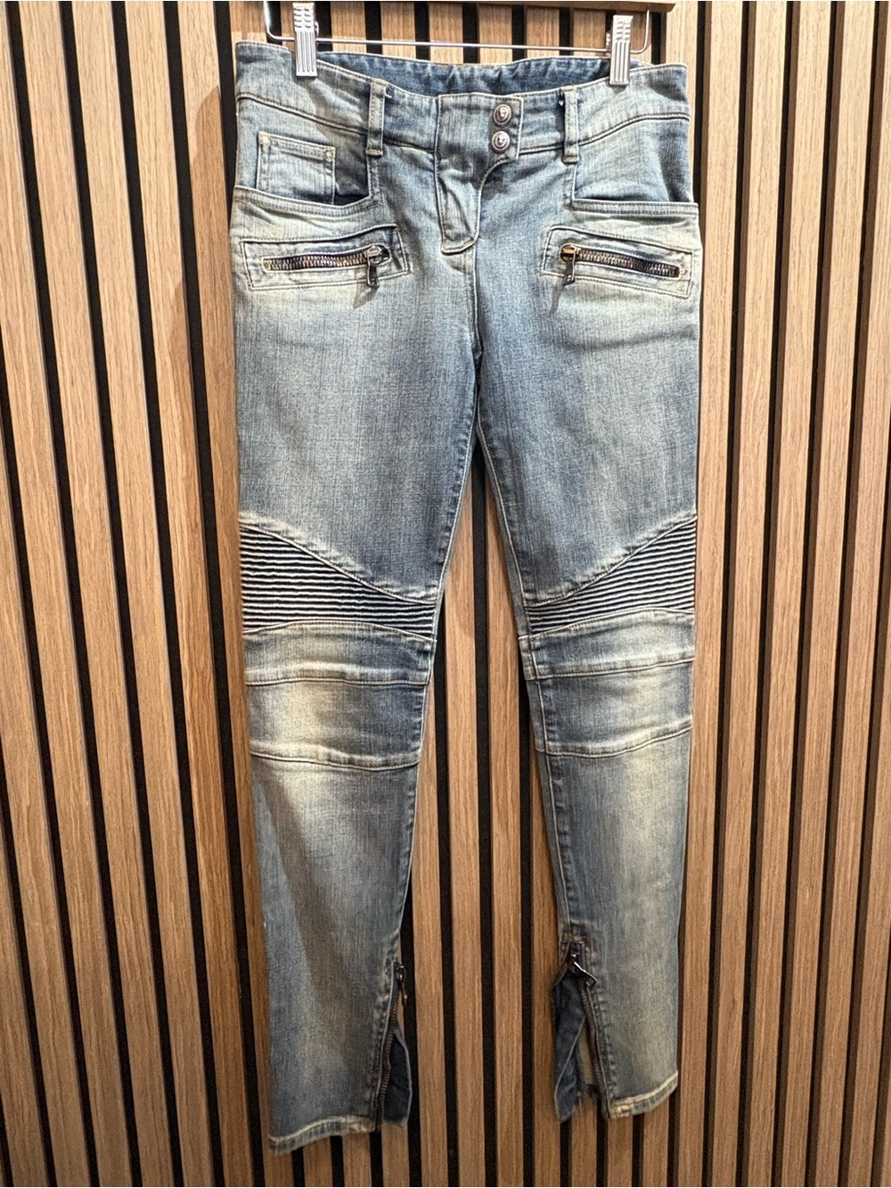 Balmain Light Blue Moto Skinny Jeans